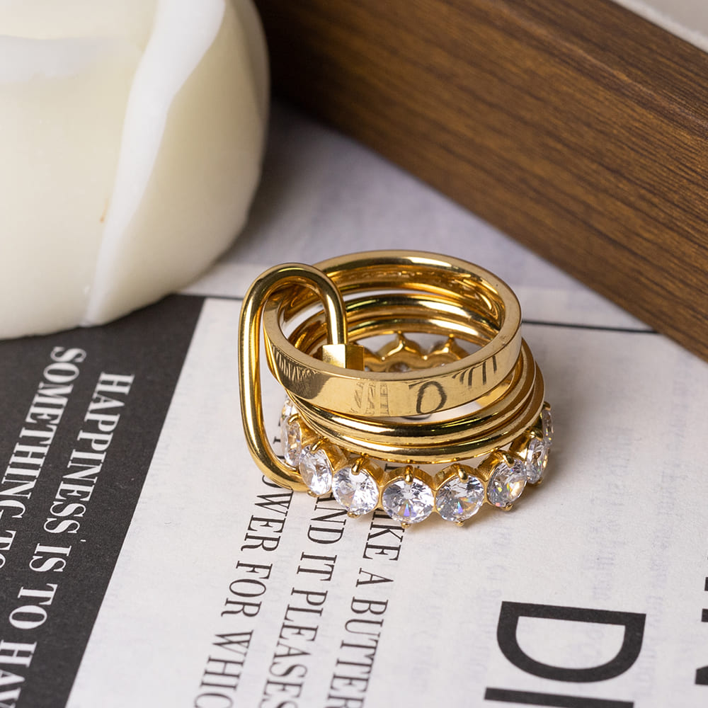 Multi-Layered Cubic Zirconia Button Ring in 18K Gold Plated Stainless Steel
