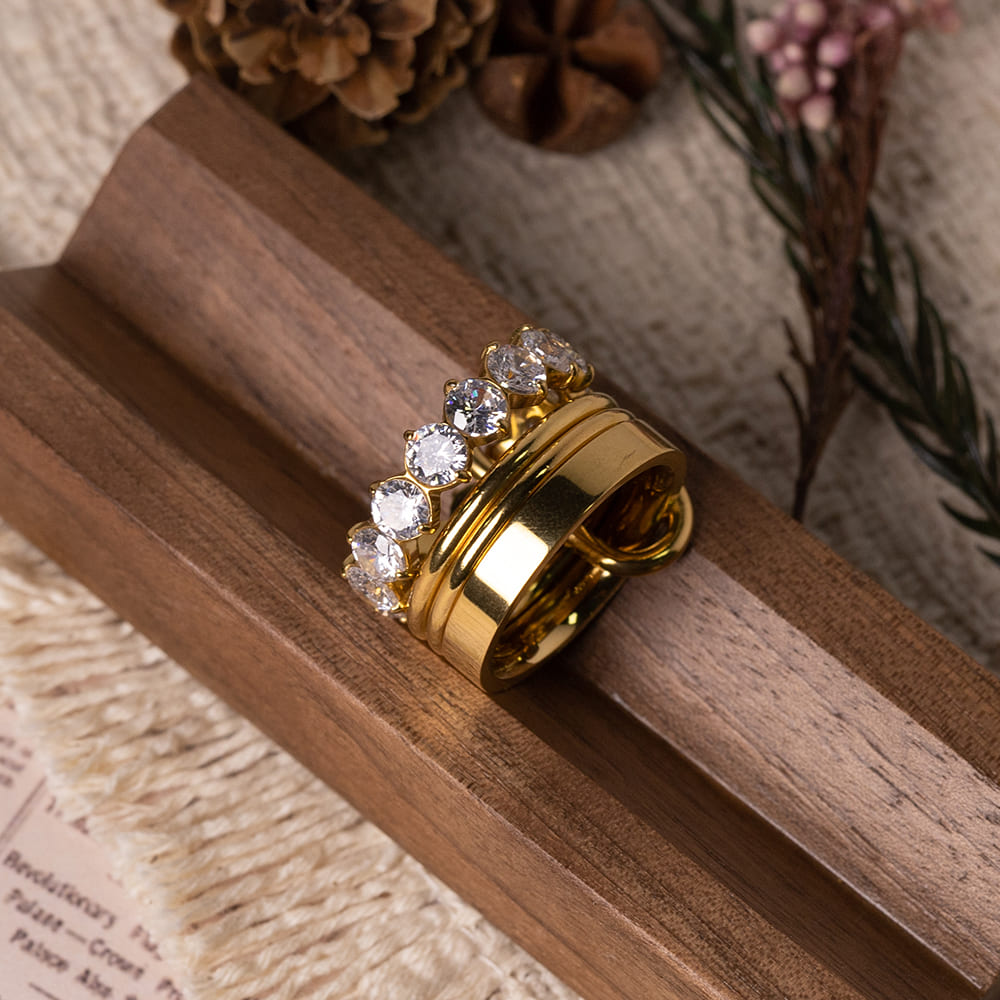 Multi-Layered Cubic Zirconia Button Ring in 18K Gold Plated Stainless Steel