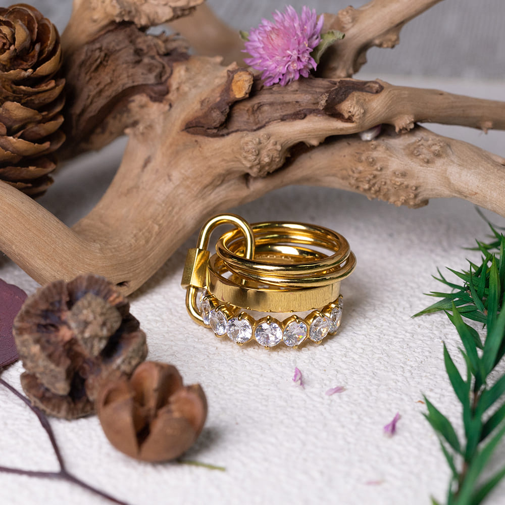 Multi-Layered Cubic Zirconia Button Ring in 18K Gold Plated Stainless Steel