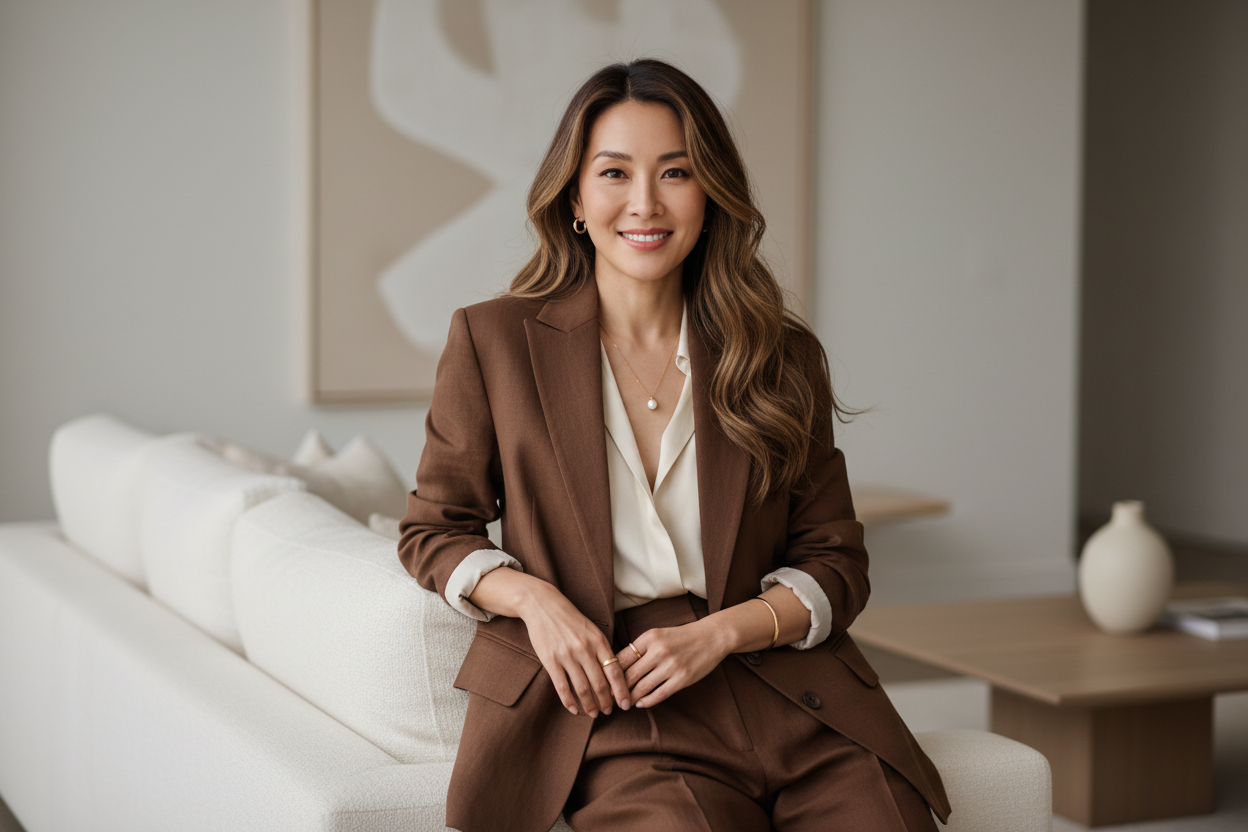 A confident Asian woman with long, flowing hair, wearing minimalist jewelry. She is casually leaning back on a modern sofa, dressed in a tailored brown suit. The jewelry style is elegant, simple, and timeless. She has a warm, friendly smile that conveys confidence and approachability. Soft natural lighting, neutral tones, modern lifestyle setting, high-end fashion editorial style, realistic photography, shallow depth of field, clean background, sophisticated and minimal aesthetic.