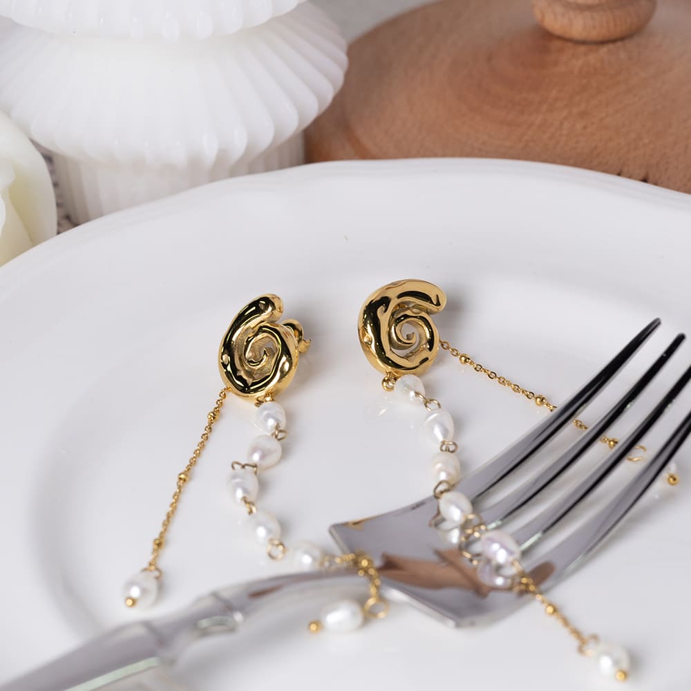 Freshwater Pearl Tassel Spiral Conch Stud Earrings