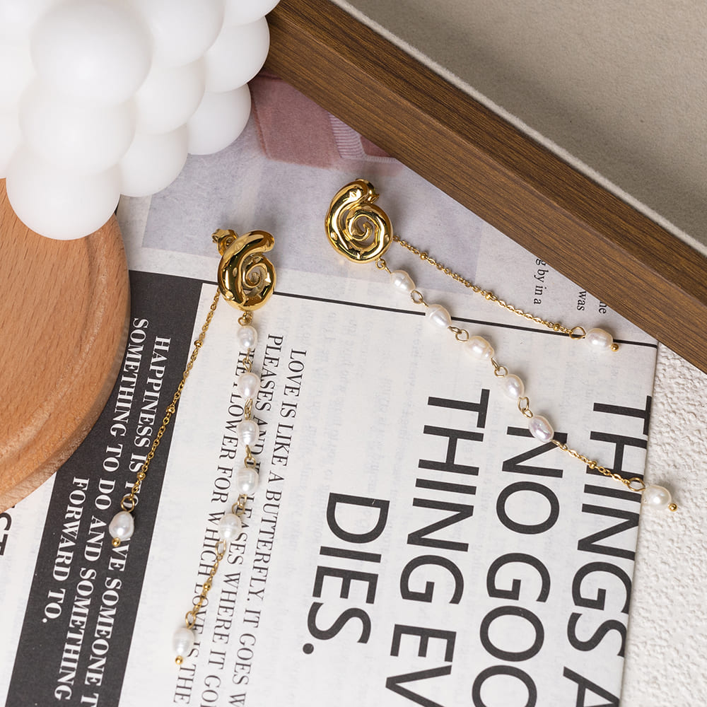 Freshwater Pearl Tassel Spiral Conch Stud Earrings