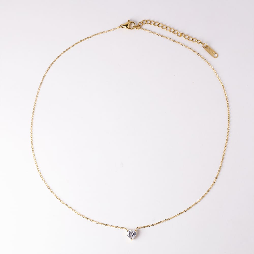 Waterproof Heart Zircon Necklace in 18K Gold Plated Stainless Steel