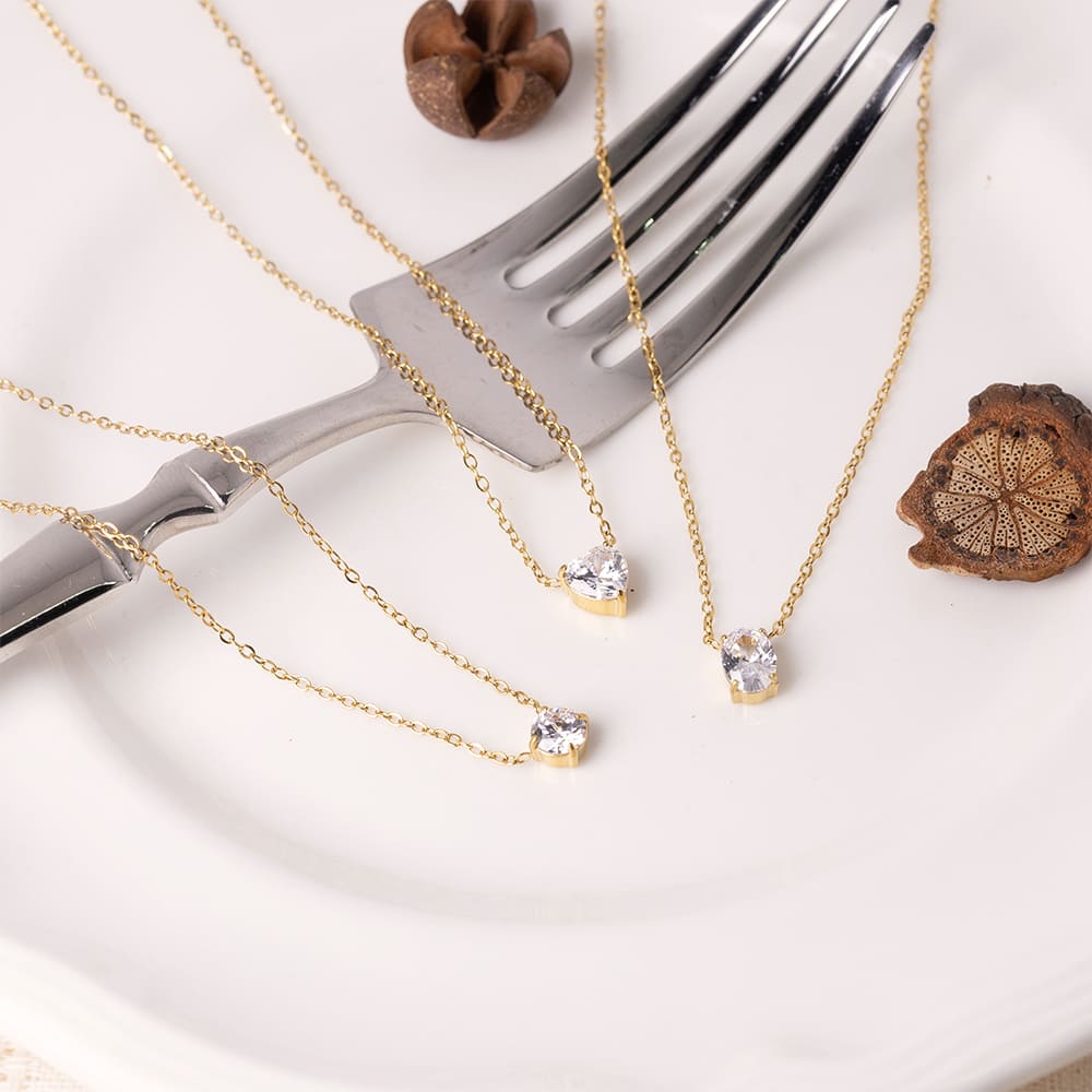Waterproof Heart Zircon Necklace in 18K Gold Plated Stainless Steel