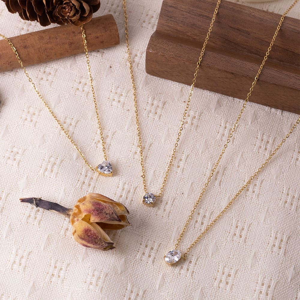 Waterproof Heart Zircon Necklace in 18K Gold Plated Stainless Steel