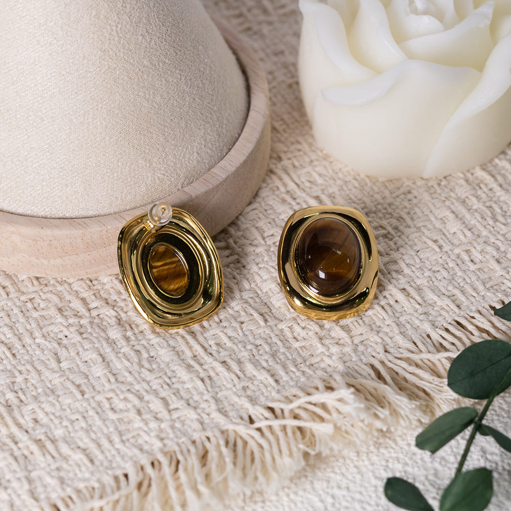 Oval Brown Stone Stud Earrings