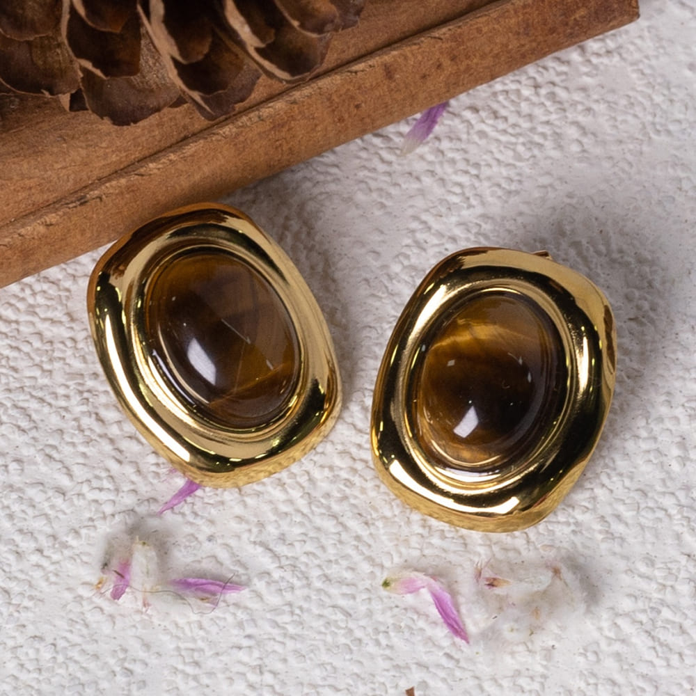 Oval Brown Stone Stud Earrings