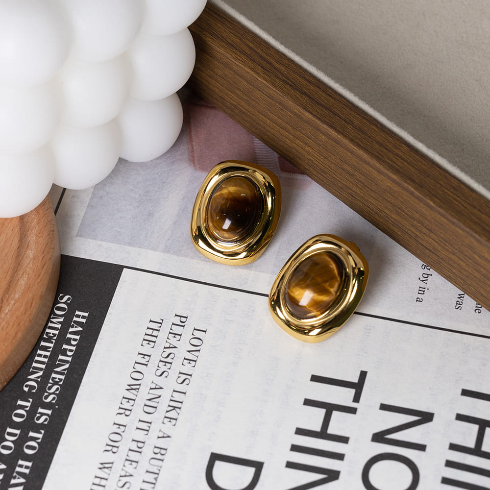 Oval Brown Stone Stud Earrings