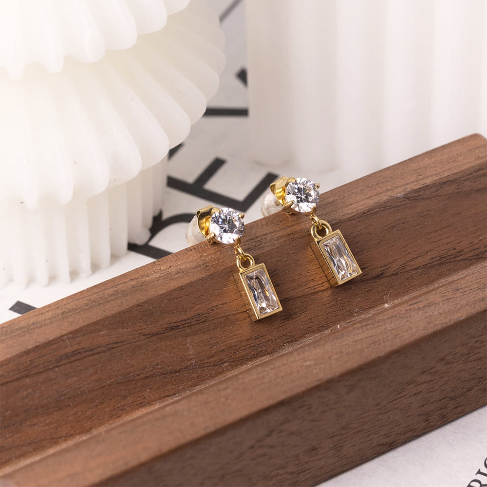 Elegant Cubic Zirconia Rectangle Earrings in 18K Gold Plated Stainless Steel