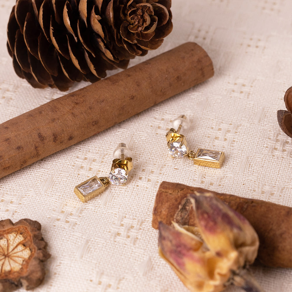 Elegant Cubic Zirconia Rectangle Earrings in 18K Gold Plated Stainless Steel