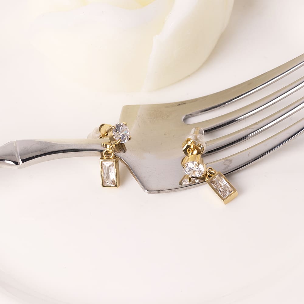 Elegant Cubic Zirconia Rectangle Earrings in 18K Gold Plated Stainless Steel