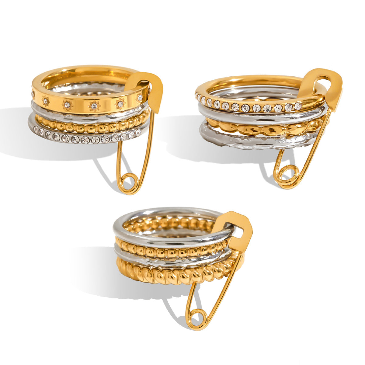 Two-Tone Stacked Band Stainless Steel Ring with Cubic Zirconia