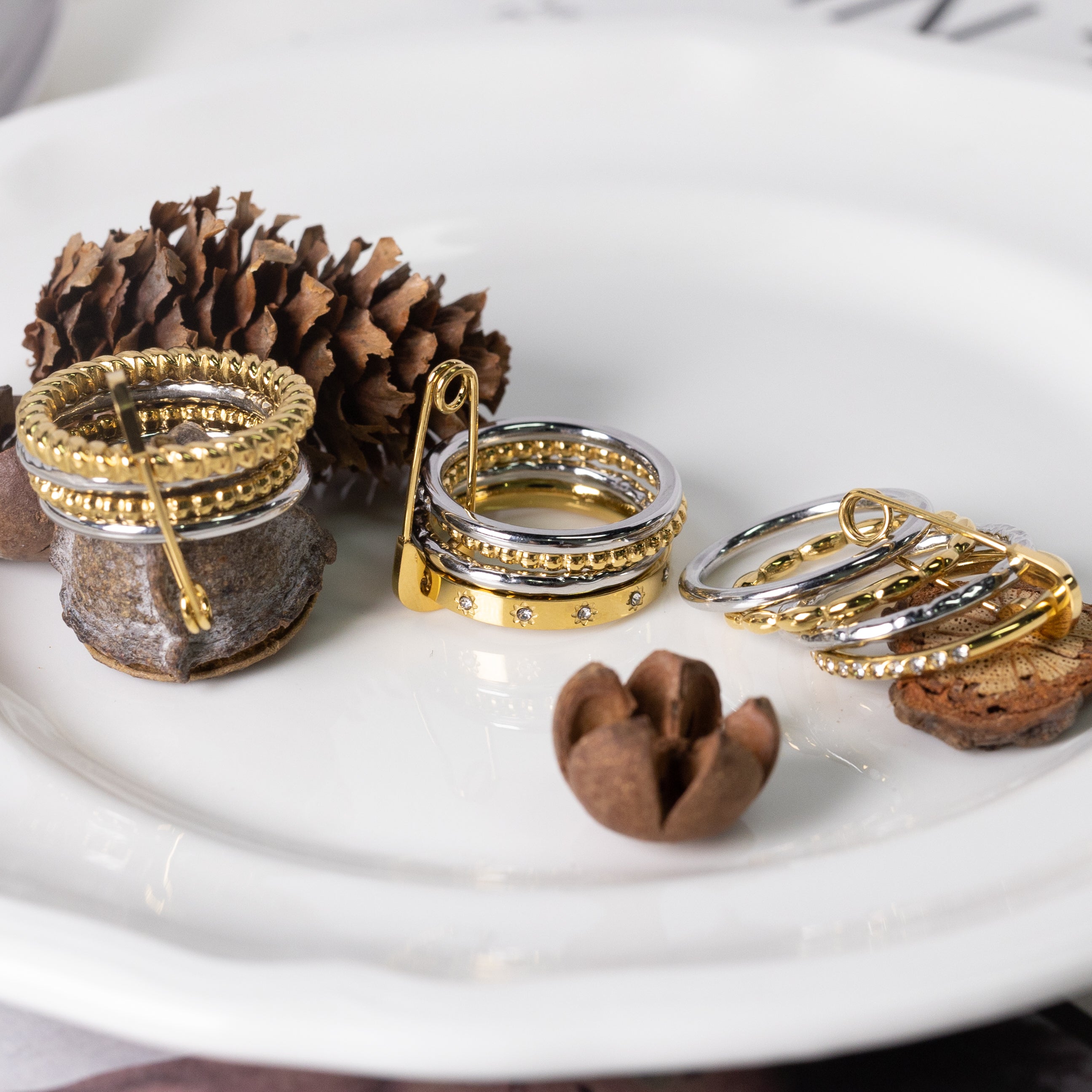 Two-Tone Stacked Band Stainless Steel Ring with Cubic Zirconia