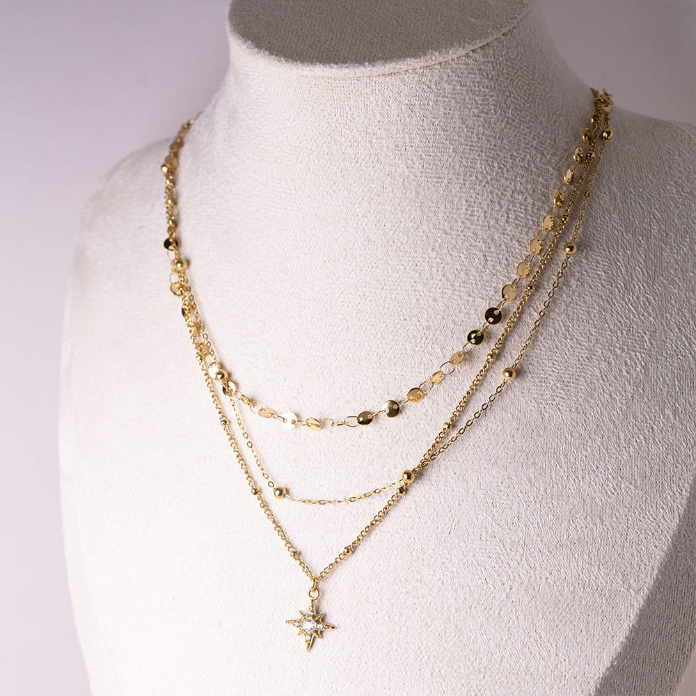 Zirconia Star Pendant Three Layer Necklace