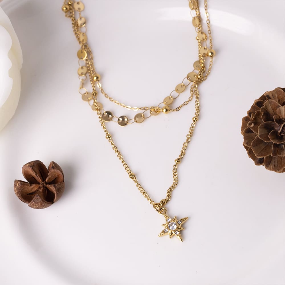 Zirconia Star Pendant Three Layer Necklace