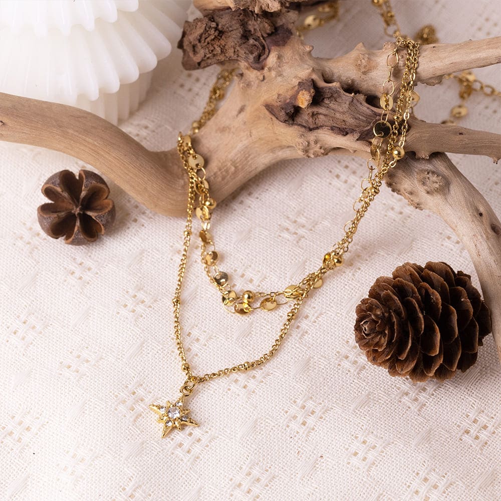 Zirconia Star Pendant Three Layer Necklace