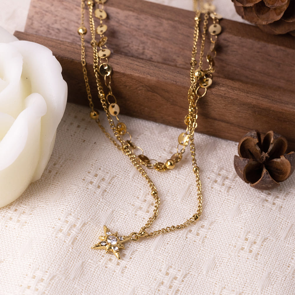 Zirconia Star Pendant Three Layer Necklace